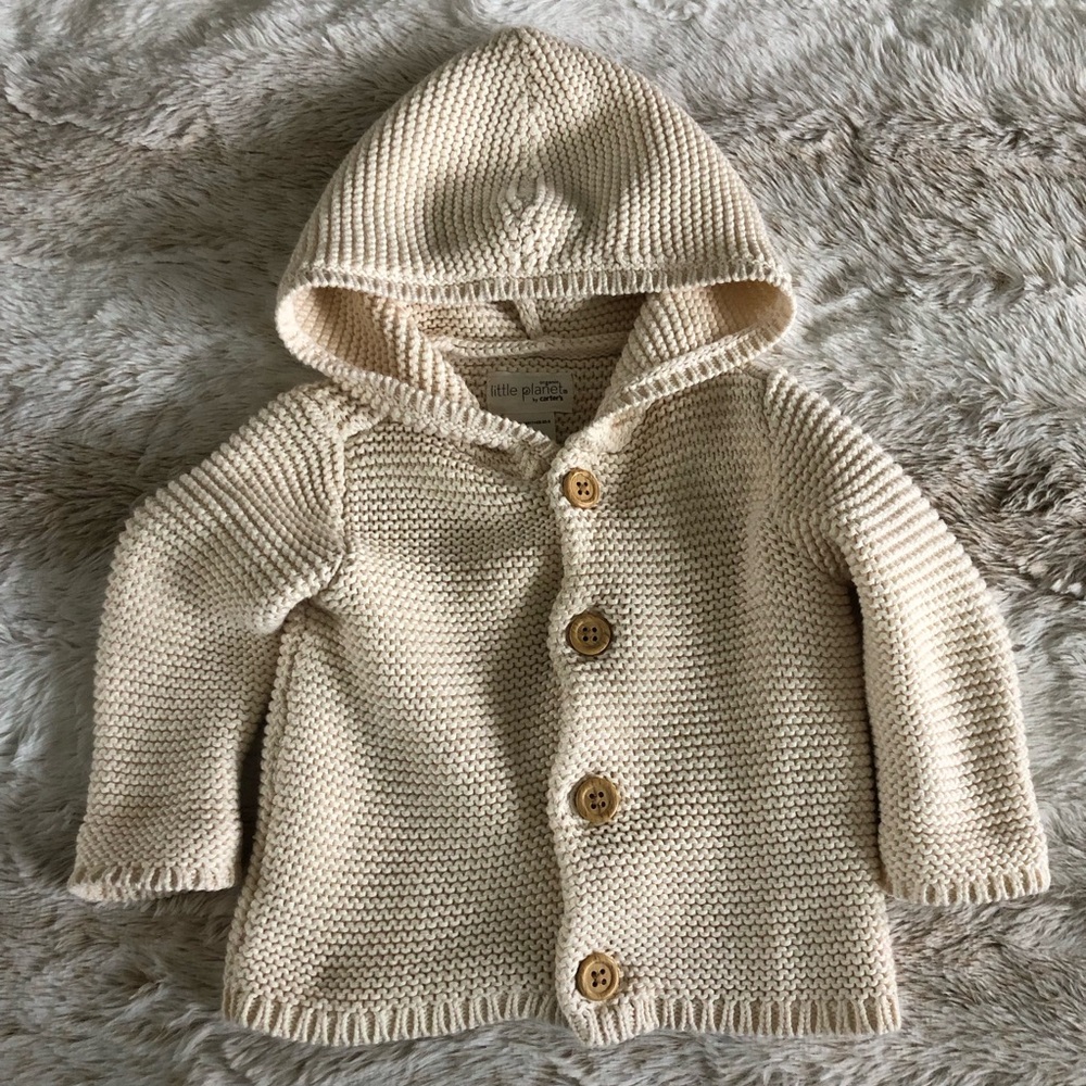 Little Planet Cream Knit Hooded Cardigan with Buttons